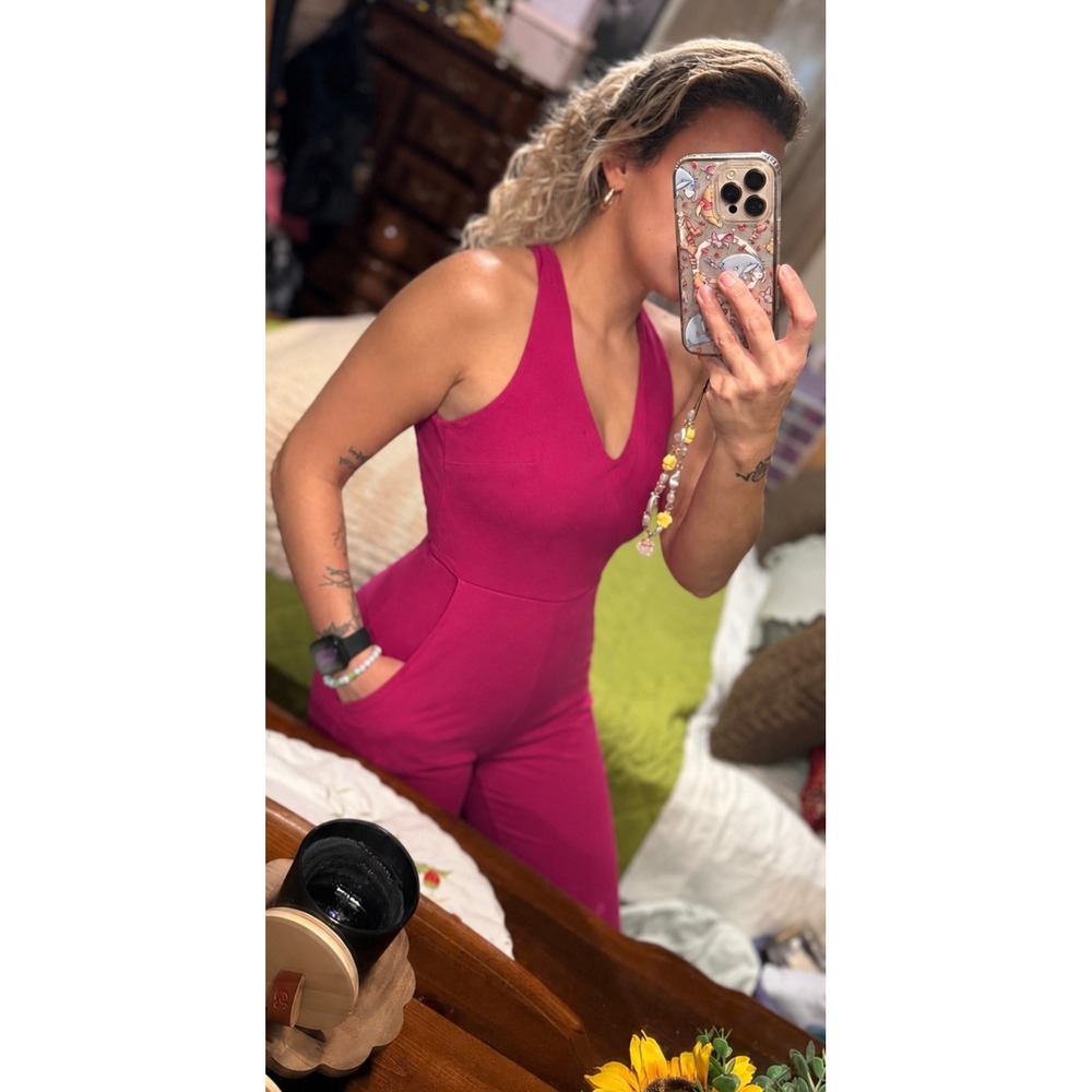 Crystal Sky Jumpsuit Women Small Pink Halter Open Back V-Neck Pockets TEK12525T